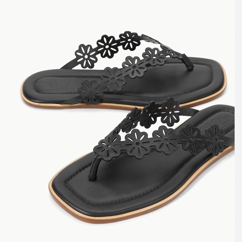 New STAUD Dante Black Floral Leather Sandals